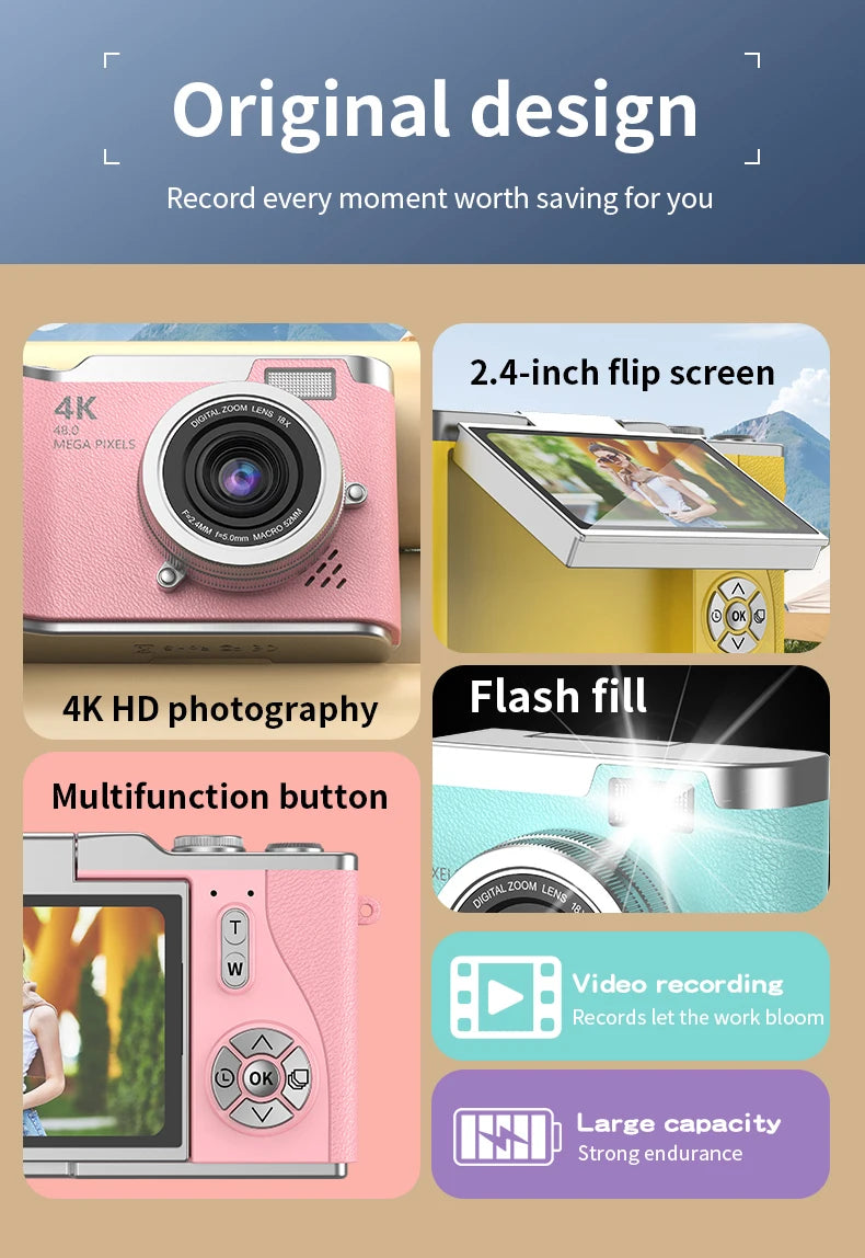 4K HD Digital 48MP Camera Autofocus Photography Video Camcorder 2.4 inch Screen for Portable Kid Adult Beginners Vlogging Camera